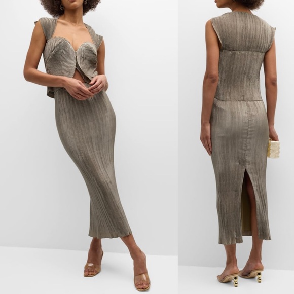 Cult Gaia Milli Satin Structured Pleated Sweetheart Neckline Scalloped Crop Top - Picture 5 of 15